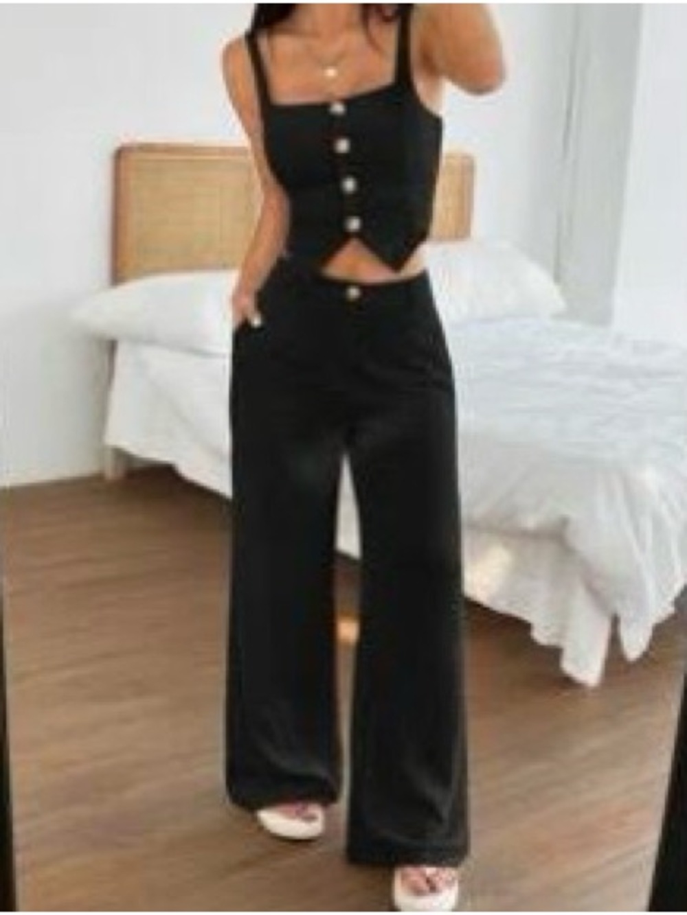 SHEIN Black High-Rise Wide-Leg Pants vest top set~